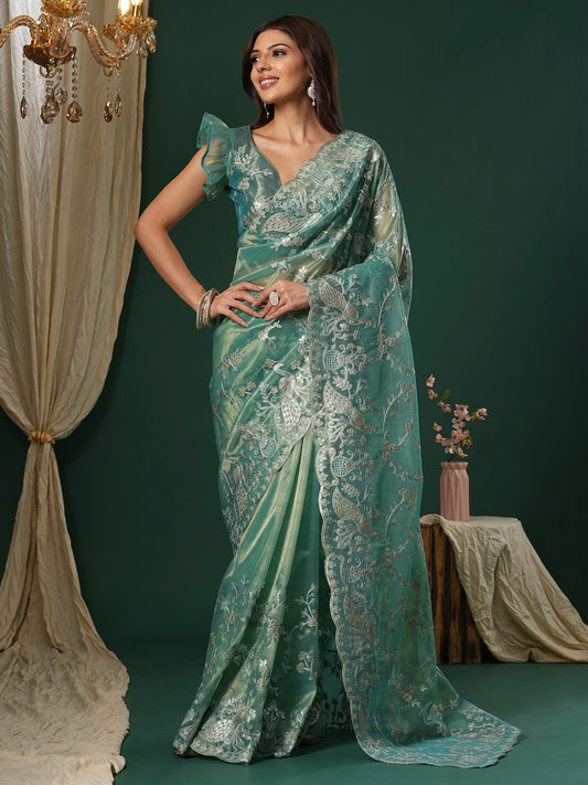 Sage Green Supernet Embroidered Saree