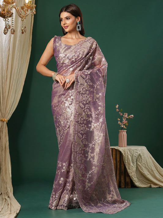Lavender Supernet Embroidered Saree