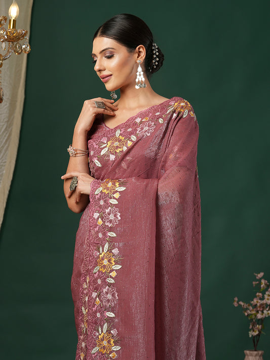 Pink Tissue Embroidery Floral Border Saree