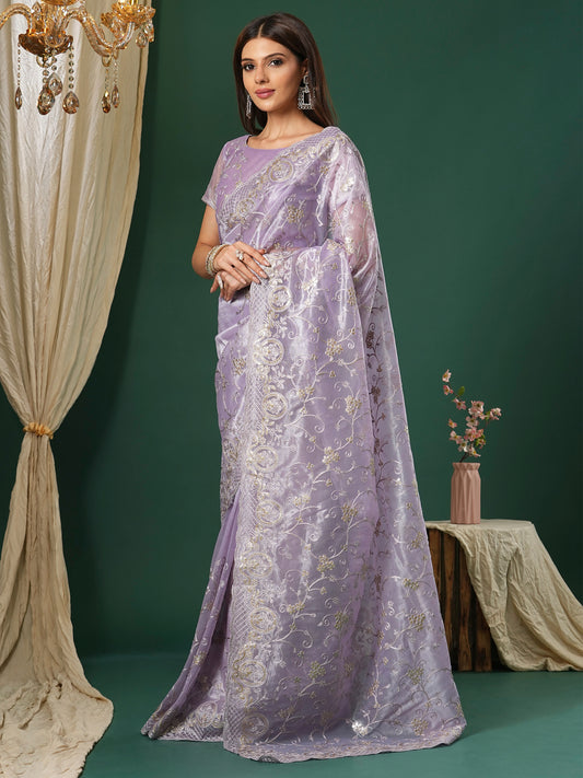 Lavender Super Net Embroidered Saree