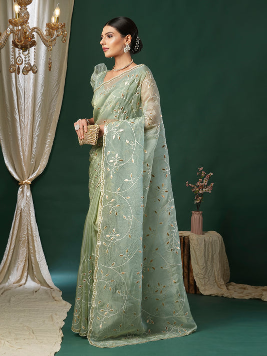 Metallic Sea Green Tissue Embroidered Saree