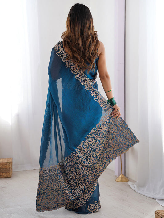 Teal Blue Chiffon Embroidered Border Saree