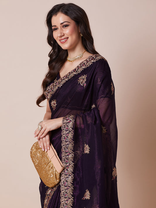 Wine Polyester Zari Embroidery Sequin Work Saree