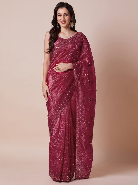 Wine Polyester Embroidered Border Modern Aesthetic Saree