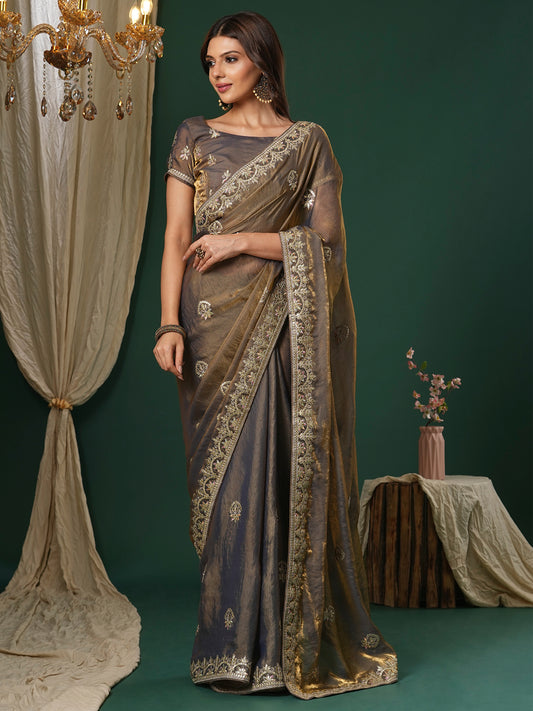Grey & Gold Tissue Silk Blend Floral Zari Embroidery Saree
