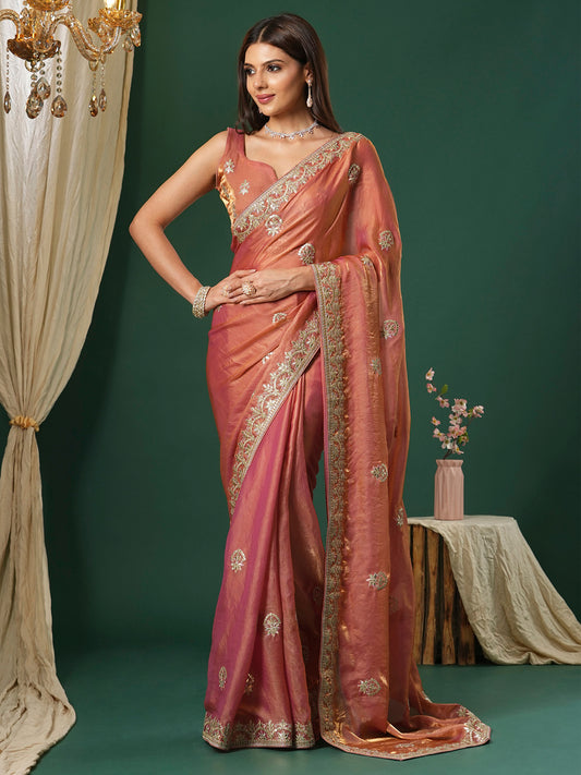 Peach Satin Silk Party Wear Saree
