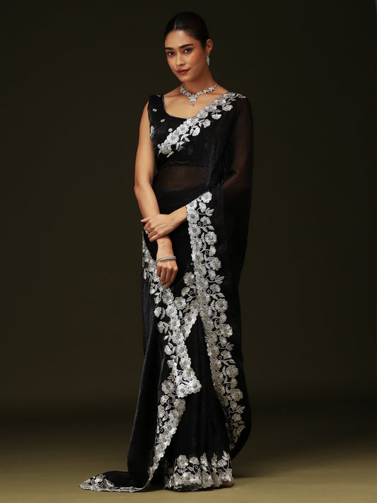 Black Georgette Silver Floral Embroidery Sequin Border : Blouse Saree