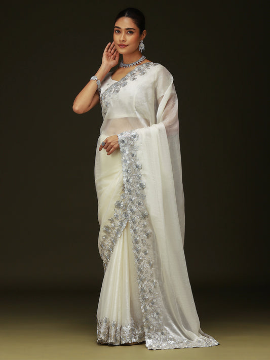 Off-White Silk Blend Tissue Embroidered Saree