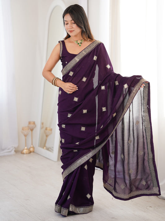 Georgette Embroidered Saree | Deep Plum with Gold Sequin Border