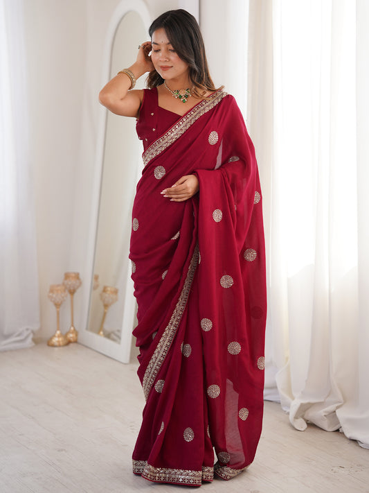 Maroon Georgette Saree with Gold Embroidered Buti & Border