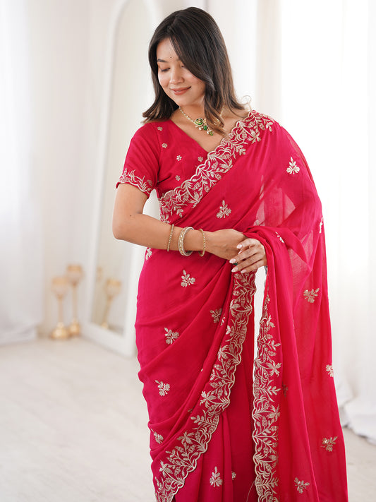 Crimson Red Georgette Embroidered Saree
