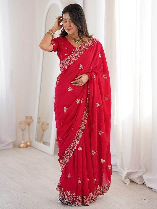 Crimson Red Georgette Embroidered Saree