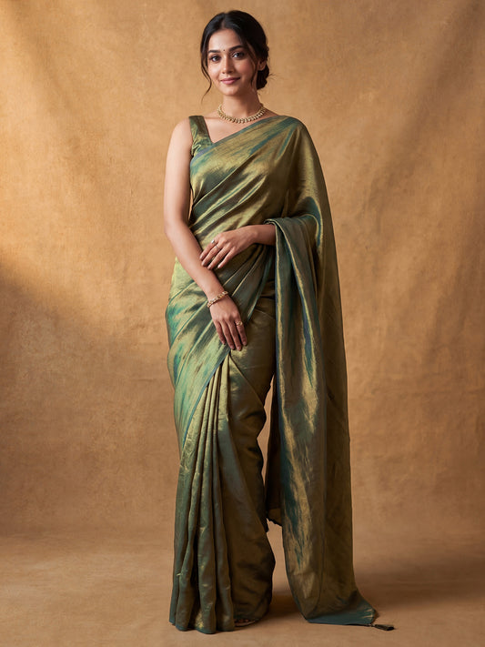 Olive Green Tissue Silk Saree