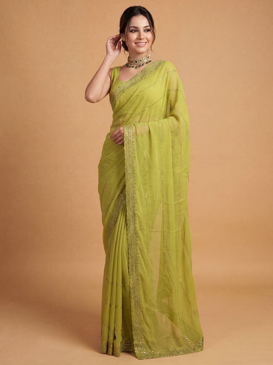 Lime Green Designer Georgette Saree