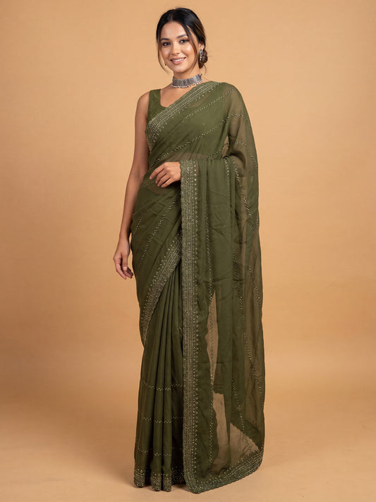 Olive Green Designer Georgette Saree