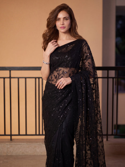 Midnight Black Net Saree
