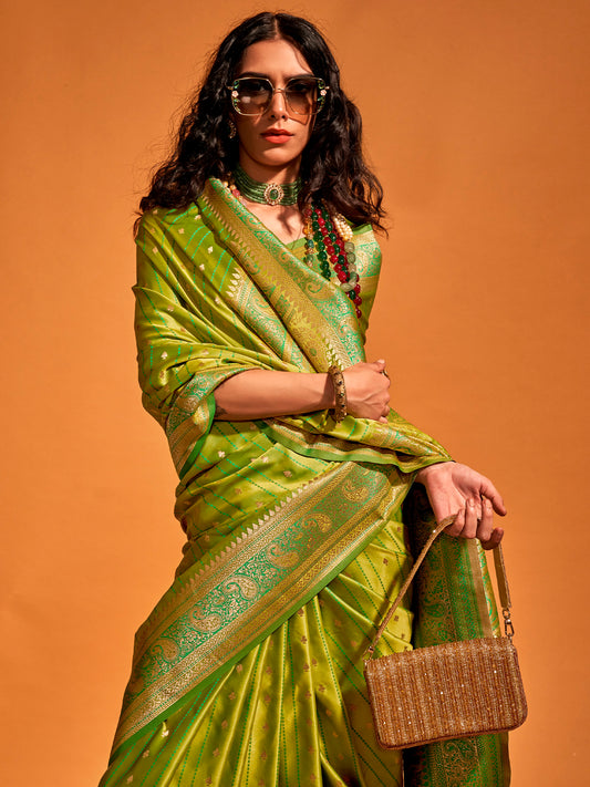 Lime Green Satin Silk Zari Weaving Saree