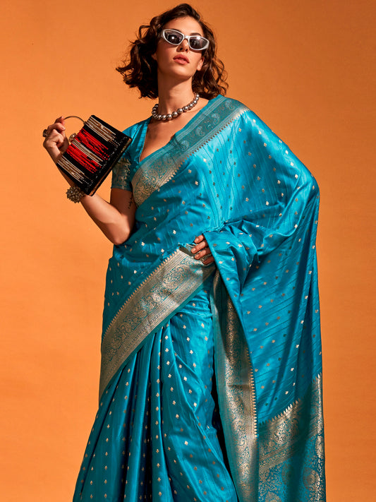 Turquoise Blue Banarasi Satin Silk Woven Zari Buttis Zari Border Blouse Saree