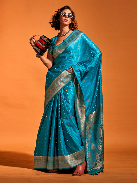 Turquoise Blue Banarasi Satin Silk Woven Zari Buttis Zari Border Blouse Saree
