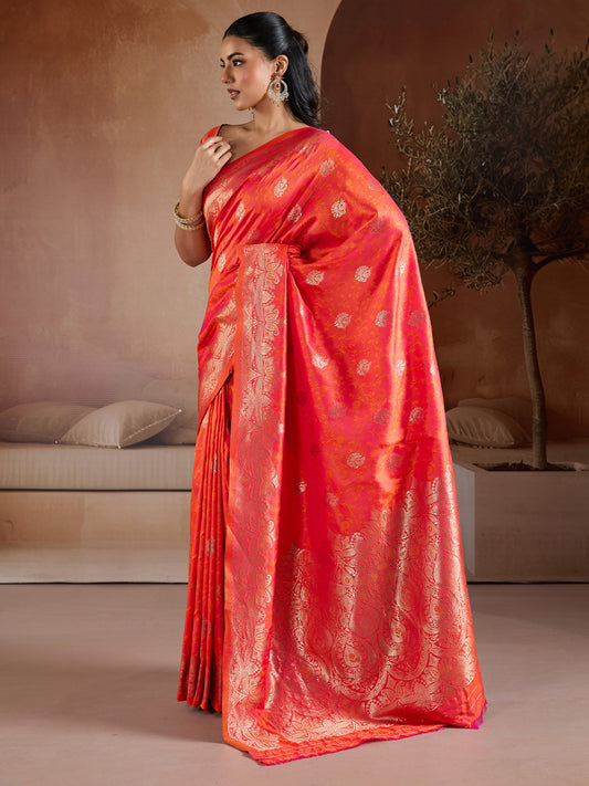 Coral Red Banarasi Silk Saree with Gold Zari Weave