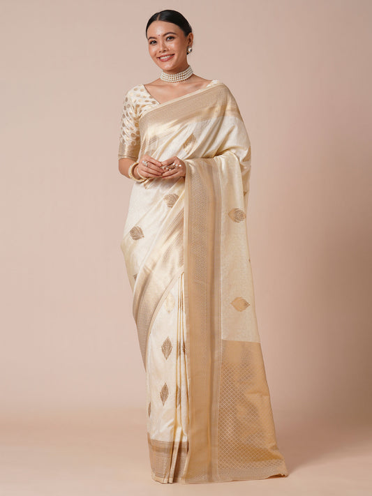 Elegant Off-White Silk Blend Zari Woven Saree