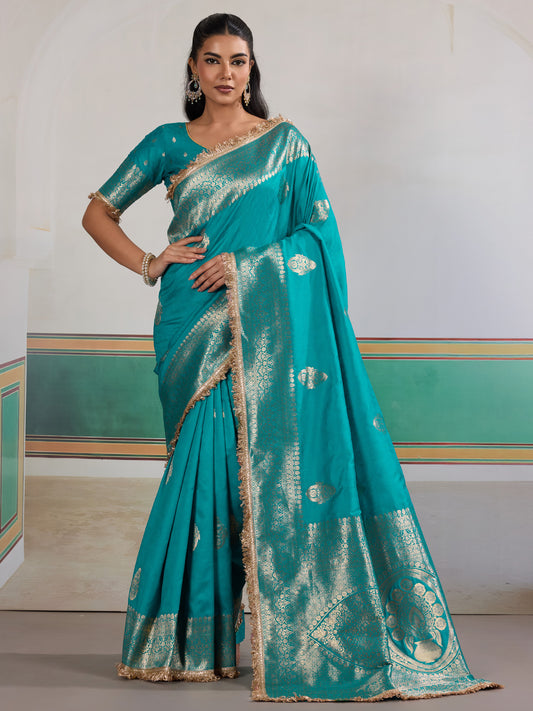 Teal Banarasi Silk Saree with Gold Zari Weave & Blouse