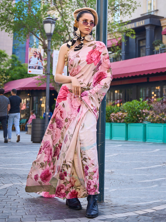 Pink Crepe Floral Digital Print Saree