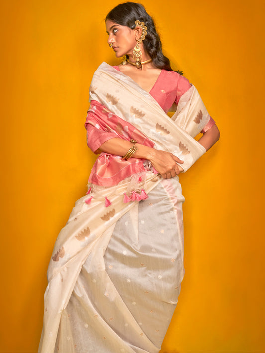Beige Tussar Silk Zari Weaving Saree