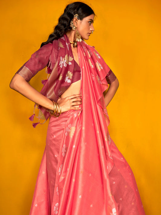 Peach Tussar Silk Blend Zari Woven Lotus Motifs Contrast Blouse Saree
