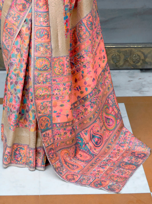 Ivory Base Kashmiri Silk Saree with Flower Motif
