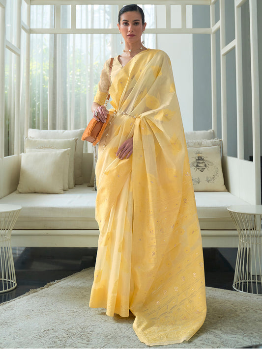 Yellow cotton Blend Zari Woven Saree
