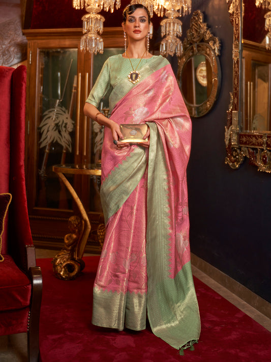 Peach Pink Banarasi Tissue Silk Saree