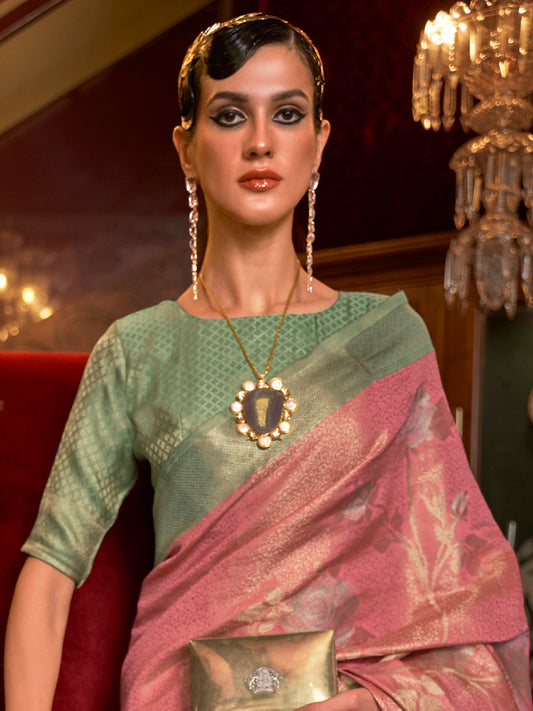 Peach Pink Banarasi Tissue Silk Saree