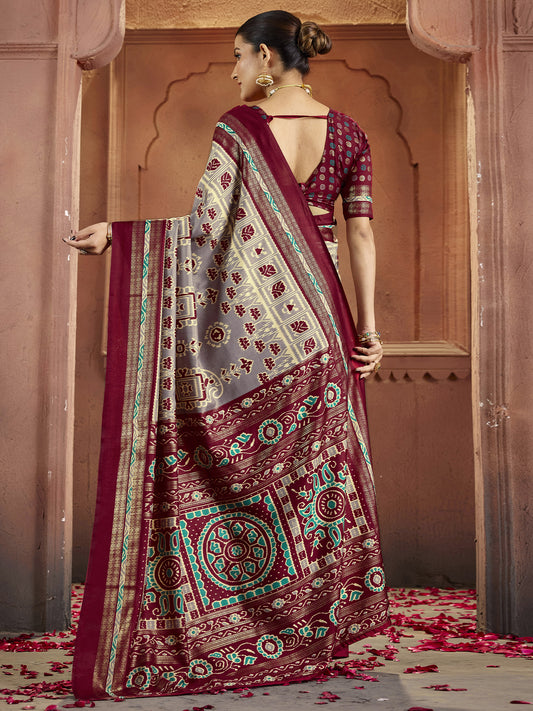 Grey & Maroon Patola Silk Saree with Ikat Weave