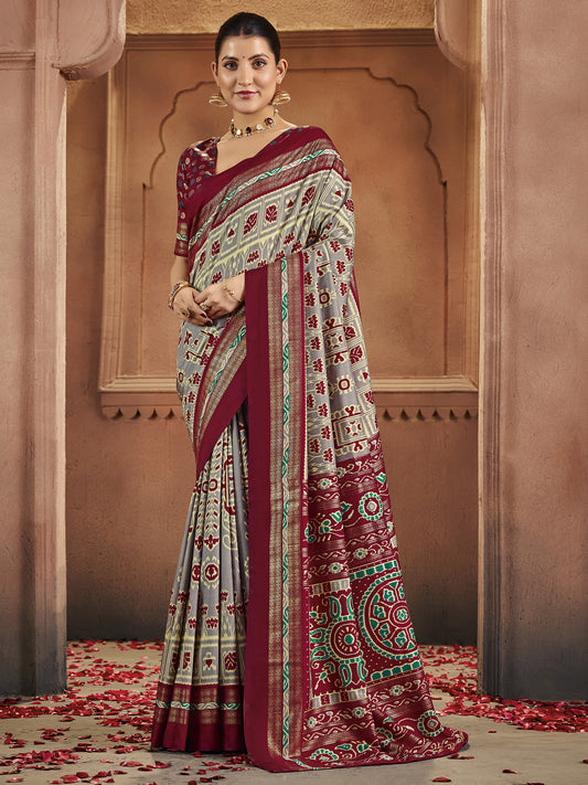 Grey & Maroon Patola Silk Saree with Ikat Weave