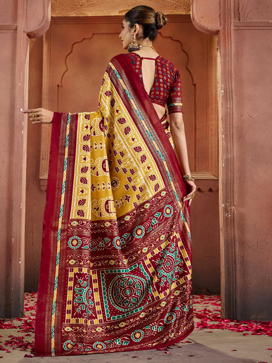 Patola Silk Saree in Yellow & Maroon with Ikat Weave