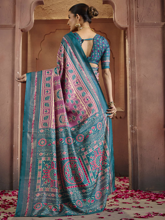 Patola Silk Saree in Mauve & Teal | Ikat Weave with Zari Border