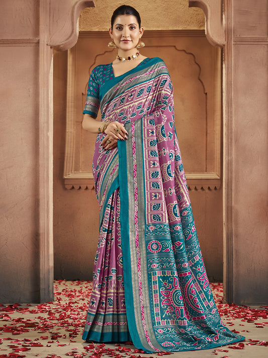 Patola Silk Saree in Mauve & Teal | Ikat Weave with Zari Border