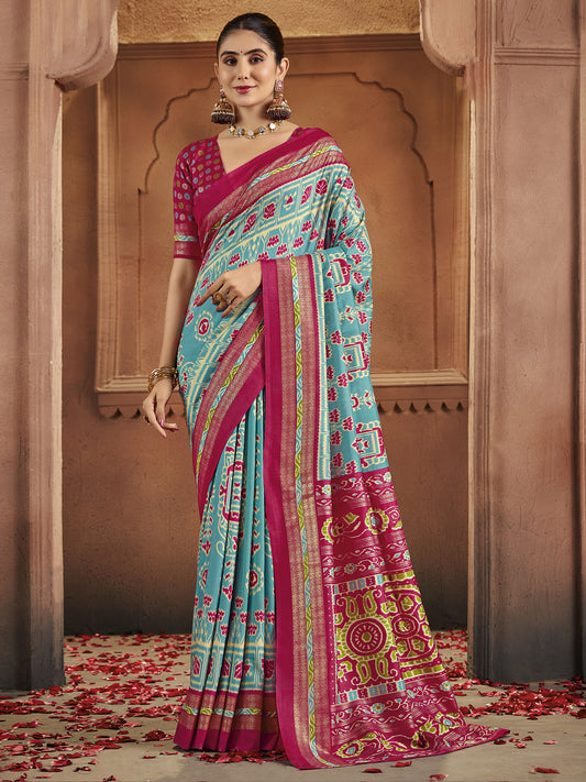 Patola Silk Saree in Sky Blue & Rani Pink | Ikat Weave with Zari Border