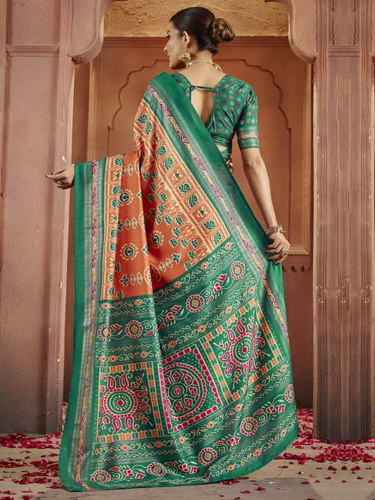 Peach & Green Patola Silk Saree with Zari Border