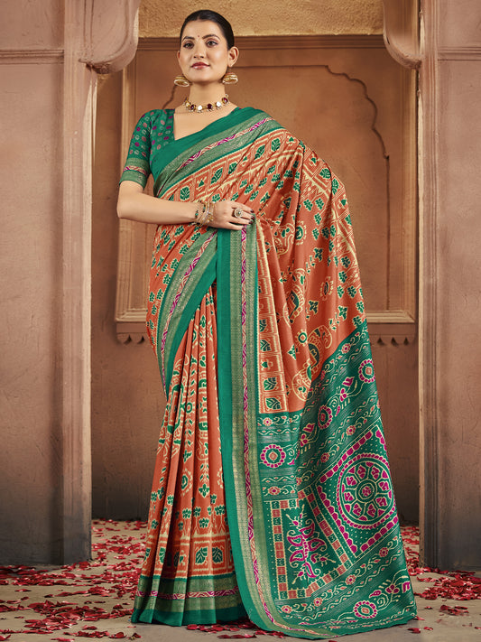 Peach & Green Patola Silk Saree with Zari Border