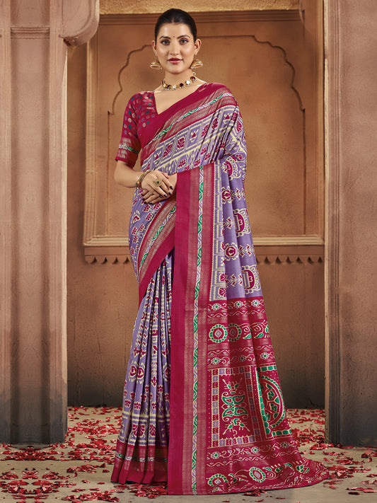 Lavender & Magenta Patola Silk Saree with Ikat Weave