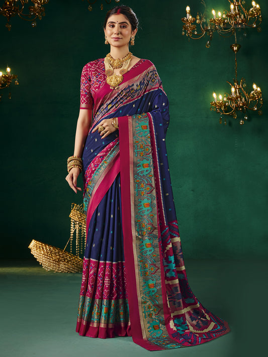 Navy Blue & Magenta Patola Silk Saree with Ikat Weave