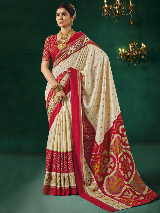 Cream & Red Patola Silk Saree with Zari Buti & Ikat Pallu