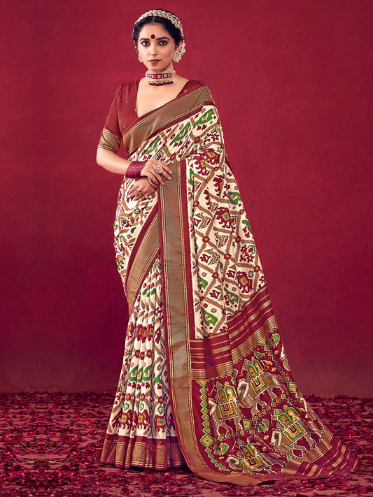 Patola Ikat Woven Silk Blend Heritage Elephant Motifs Saree