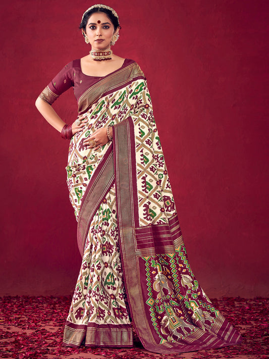 Patola Ikat Woven Silk Blend Heritage Elephant Motifs Saree