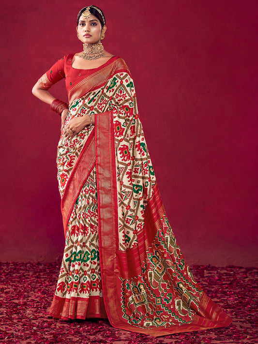 Off-White & Red Patola Saree