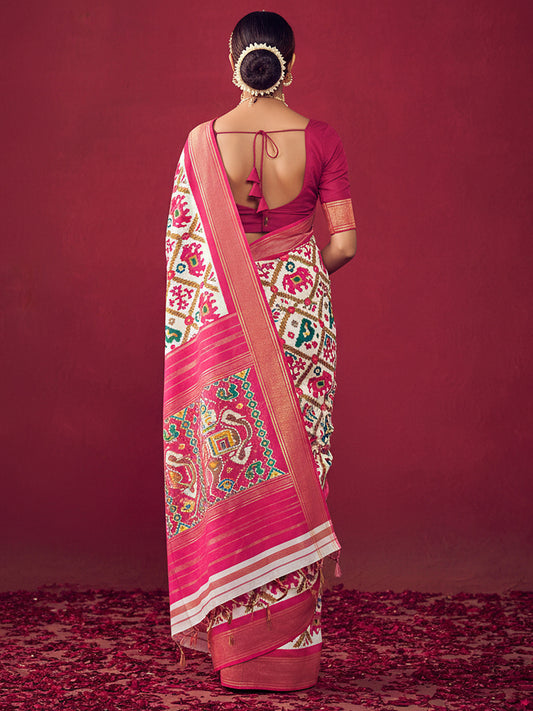 Off-White & Rani Pink Patola Ikat Saree