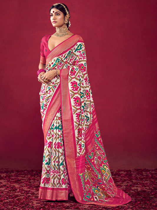 Off-White & Rani Pink Patola Ikat Saree