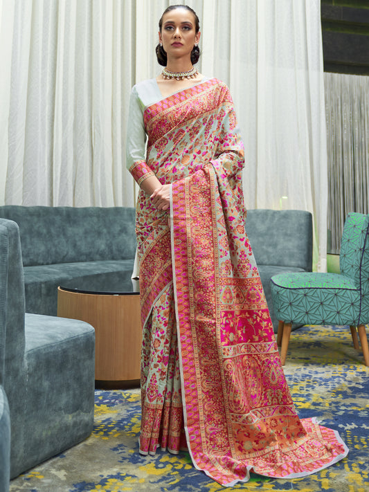 Mint green and Pink Silk Blend Saree